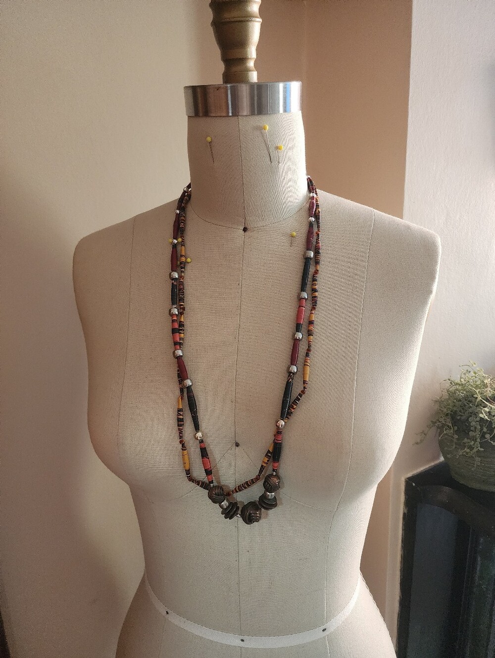 Handmade Red and Yellow African Paper Bead Layered Necklace Set